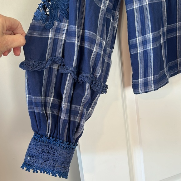 Free People Darling Diane Plaid Balloon Sleeve Lace Top w Measurements! Size M - Picture 5 of 13